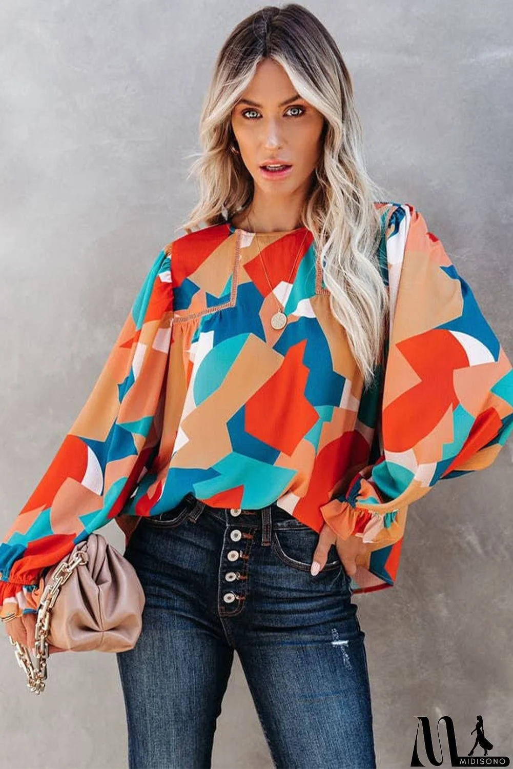 MidiSono - Abstract Pattern Crewneck Ruffled Puff Sleeve Blouse