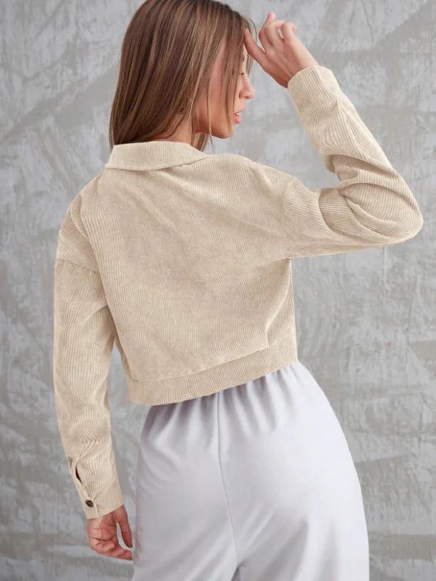 Nigikala Nigikala Women's Corduroy Flip Pocket Button Short Casual Jacket Jacket