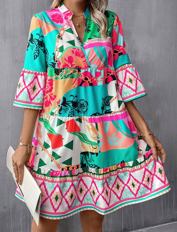 Mature Women Summer Pleated Sleeve Printed Fit And Flare Sleeve Ruffled Hem Dress