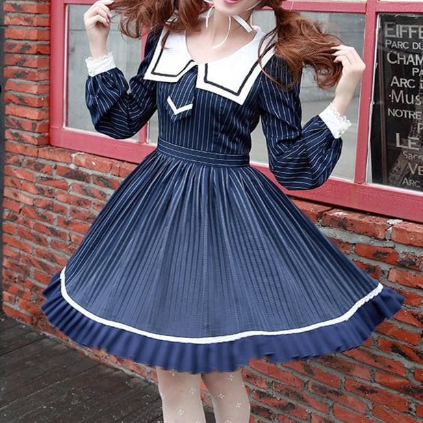 S-XL Blue Lolita Striped Seifuku Dress SP165448