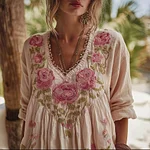 Vintage Boho Roses Embroidered Long Sleeve Linen Shirt - Image 2
