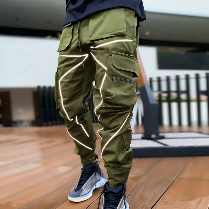 Trendy Brand Loose Straight Cargo Pants Multi-pocket Drawstring Reflective Sports Pants
