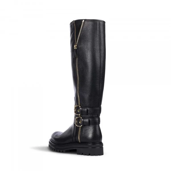 Black Buckled Textured Vegan Leather Knee-high Riding Boots Vdcoo