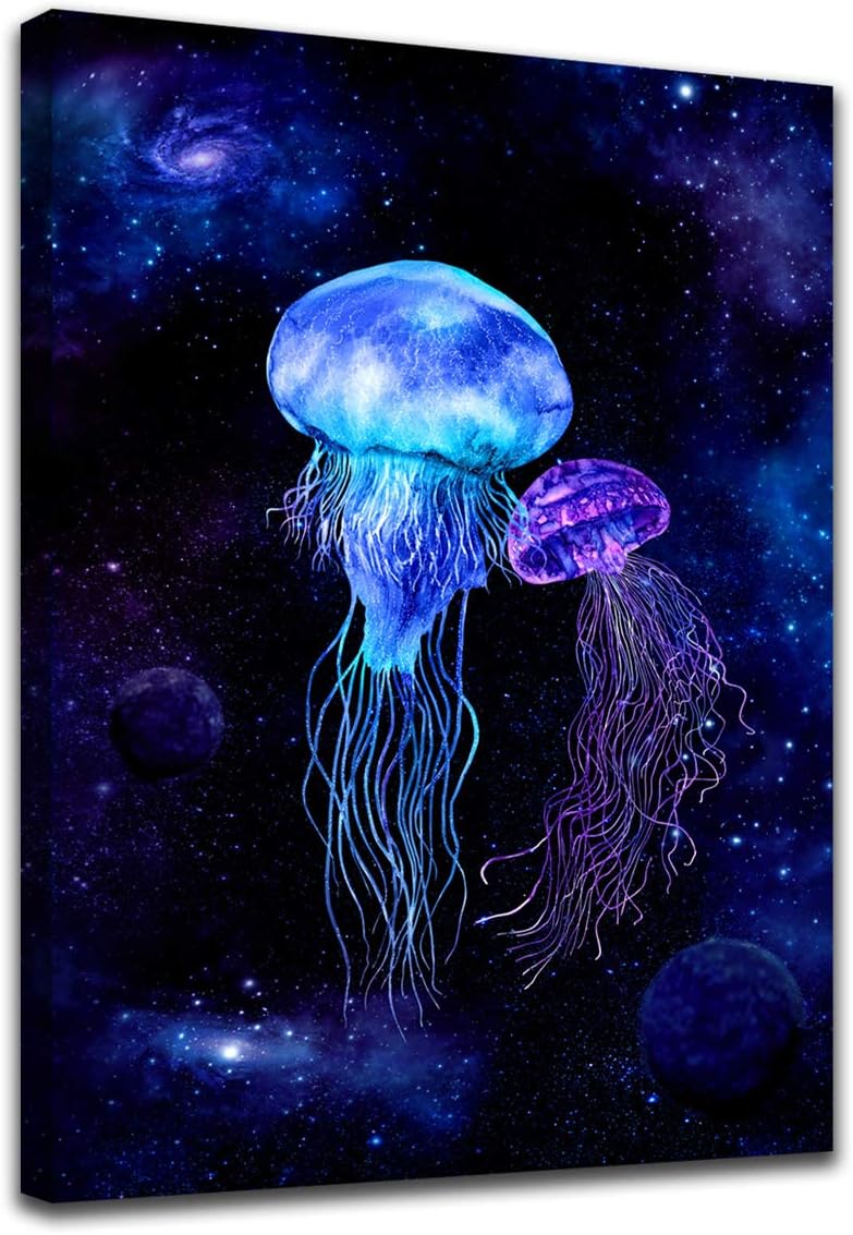 Jellyfish Wall Art Cosmic Galaxy Ocean Canvas Picture Fantastic Sea World Blue Modern Artwork Contemporary Art Print Framed for Home Office Kitchen Bathroom Bedroom Nursery Living Room Decor 20 inch  x 28 inch  20&#034; x 28&#034;