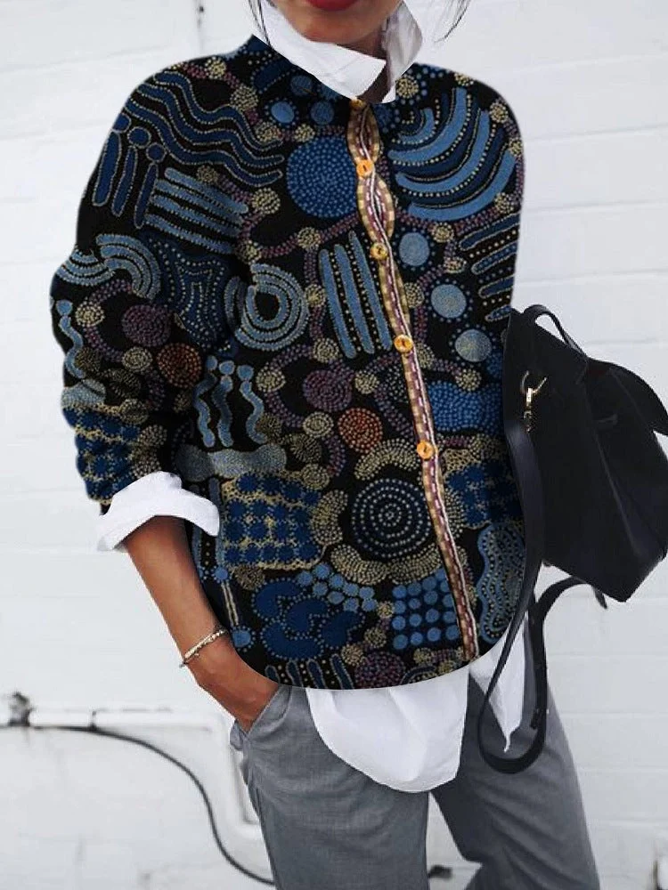 Women Long Sleeve Printed Geometric Knit Simple Cardigan