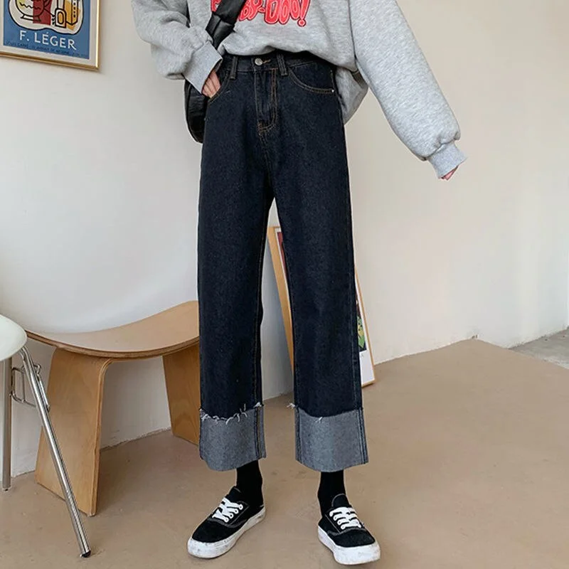 Jeans Women Casual All-match Korean Style Students Spring Cuffs High Waisted Mujer De Moda Ulzzang Fashion Pocket Streetwear Ins