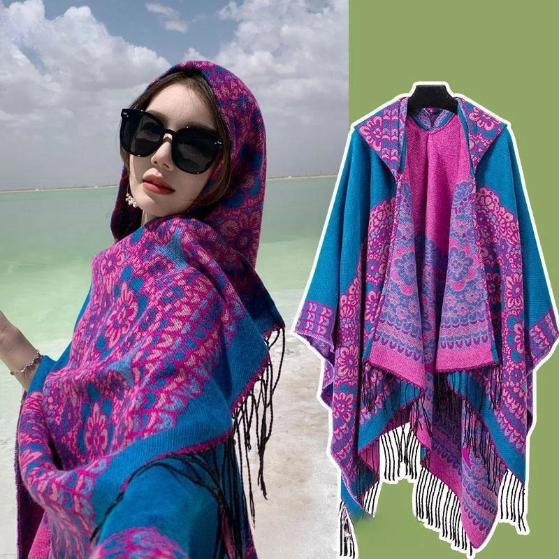 Ethnic Style Hooded Cape Women’s Yunnan Tibet Western Sichuan Grassland Bohemia Travel Wear Scarf Coat