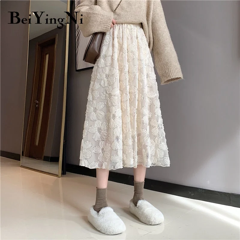 Beiyingni Sequins Floral Spring Summer Pleated Black Streetwear Chic Woman Skirts Solid High Waist Vintage Korean Faldas Mujer