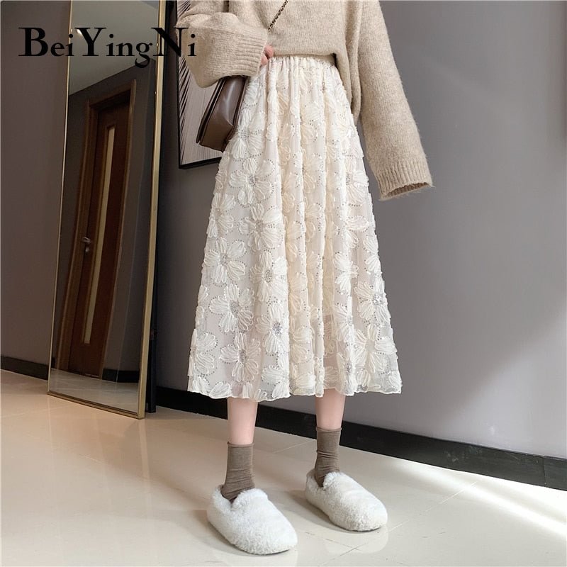Beiyingni Sequins Floral Spring Summer Pleated Black Streetwear Chic Woman Skirts Solid High Waist Vintage Korean Faldas Mujer