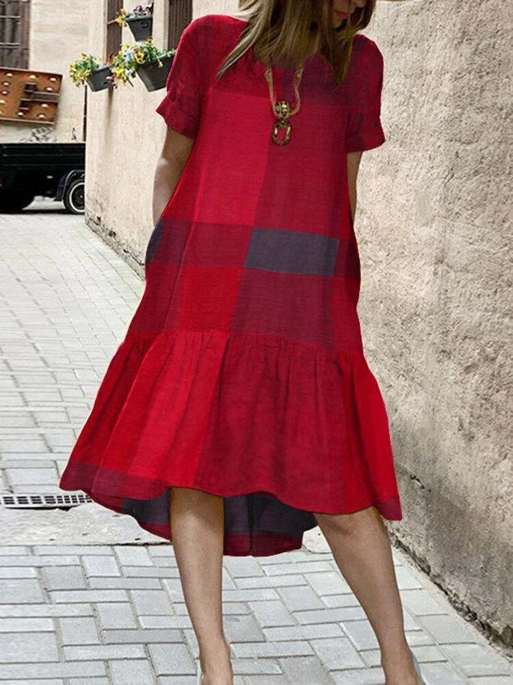 O-Neck Plaid Loose Casual Dress With Side Pockets For Women