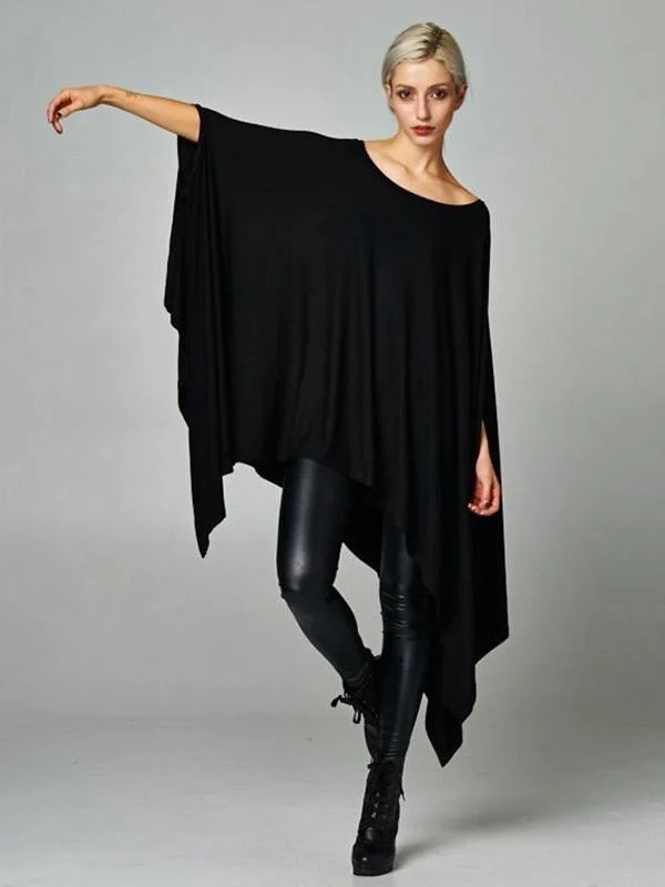 Black Plus Size Batwing Sleeves Asymmetric Round-Neck Shirt