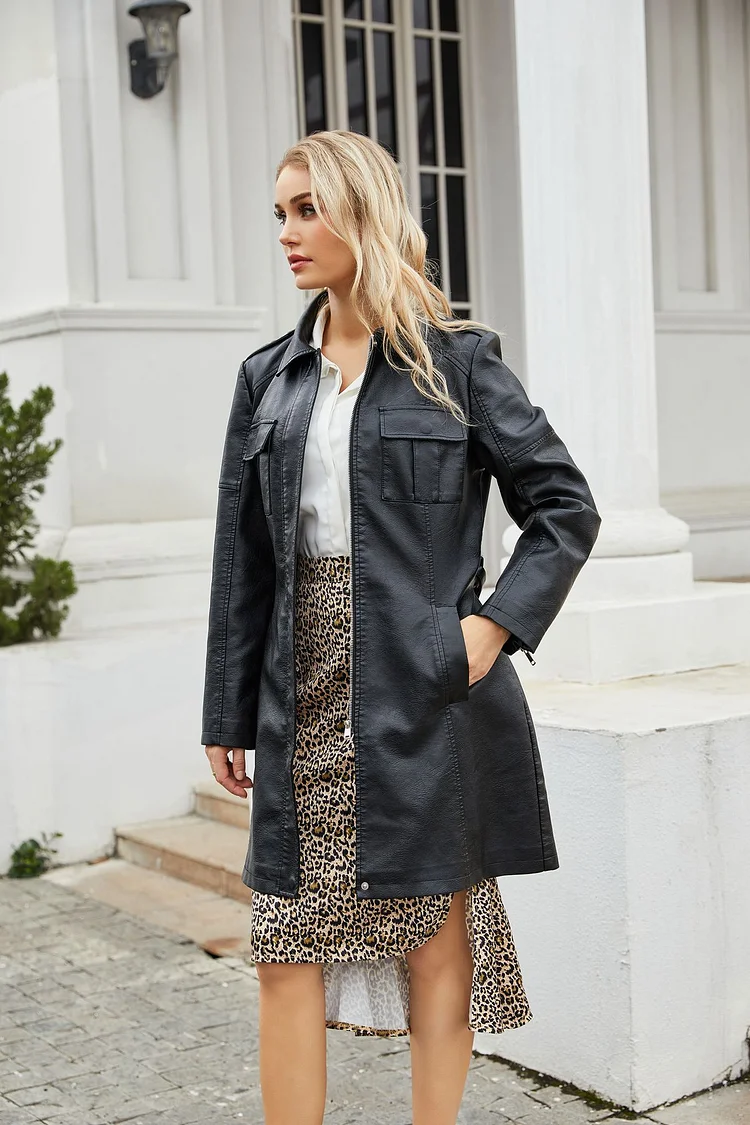PASUXI Women's Trench Coat Mid-Length Loose Jacket Faux Pu Leather Oversized Classic Lapel Coat With Belt huanwei