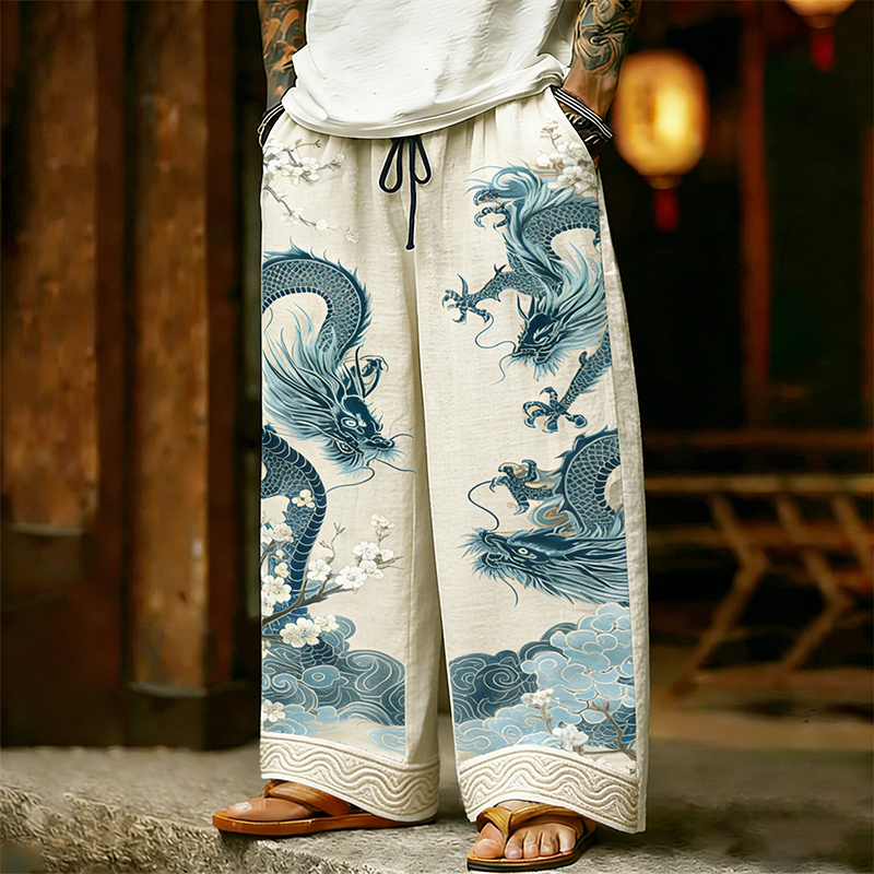 Japanese Style Dragon And Apricot Blossom Art Linen Blend Pants elevenforest