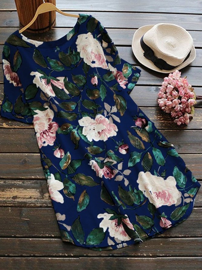 Crew Neck Women Linen Summer Print Dress Zaesvini