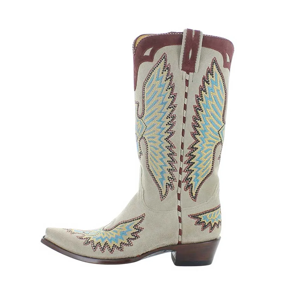 Taupe Vegan Suede Embroidered Wing Mid Calf Cowboy Boots for Women