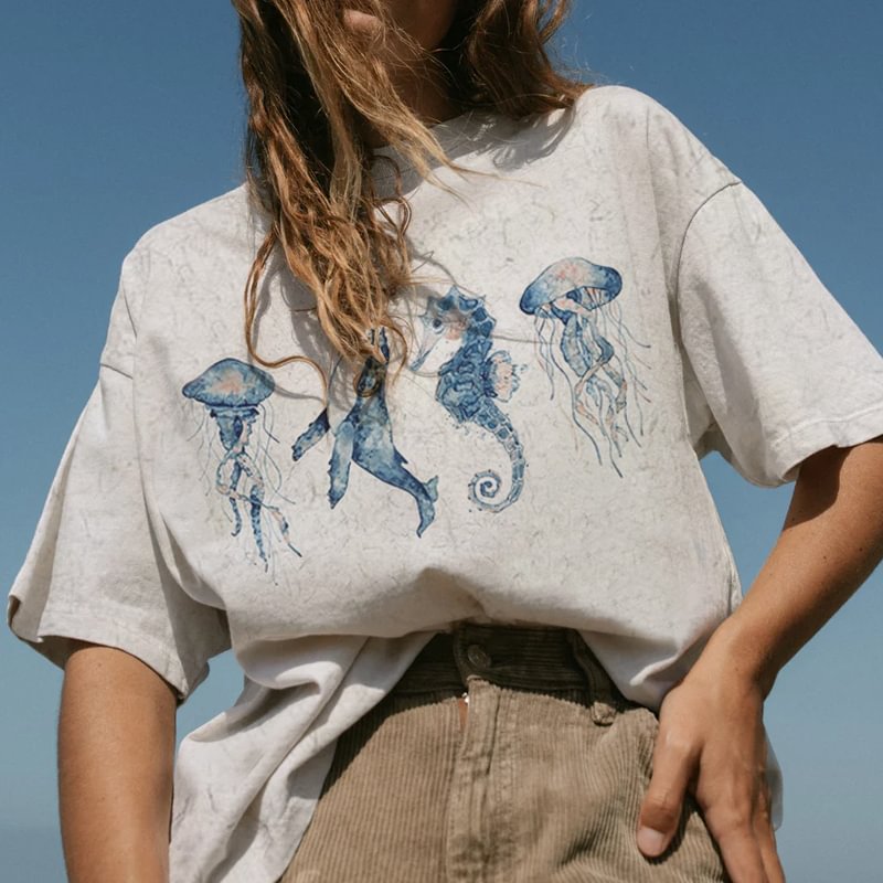 Summer Retro Surf Marine Life Printed Casual Tee