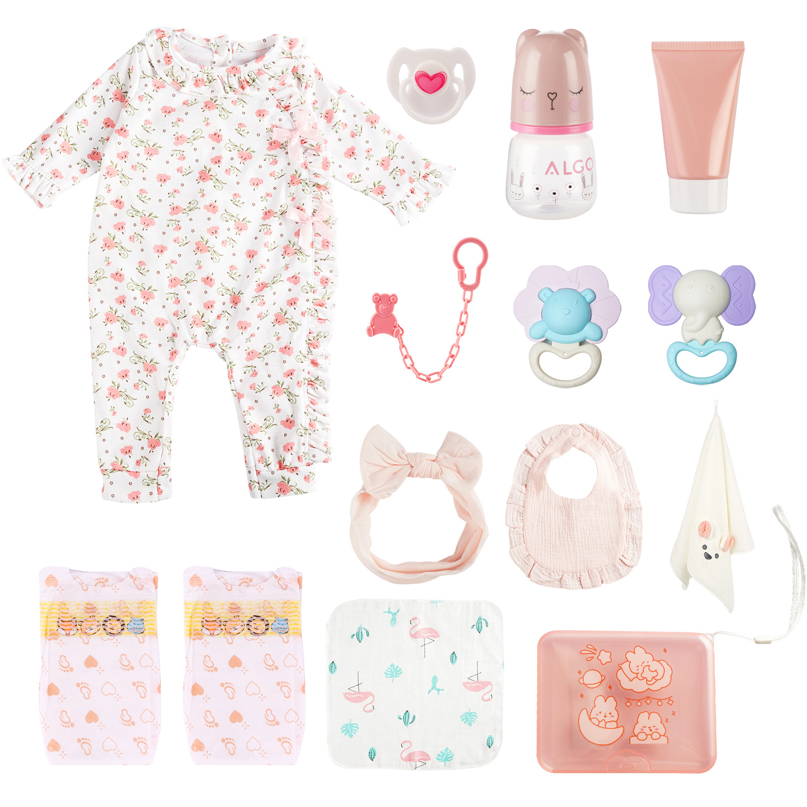 For 17'- 22“ Reborn Baby Doll Pink Crushed Flower 14-Piece Set Accessories