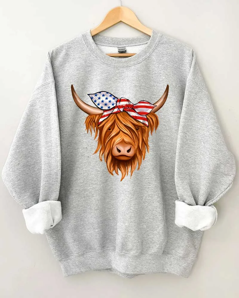 Patriotic Highland Cow Crewneck Sweatshirt