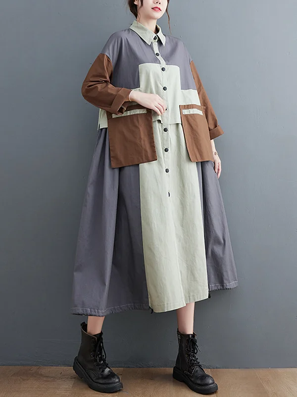 Vintage Loose Long Sleeves Contrast Color Polo Midi Dresses