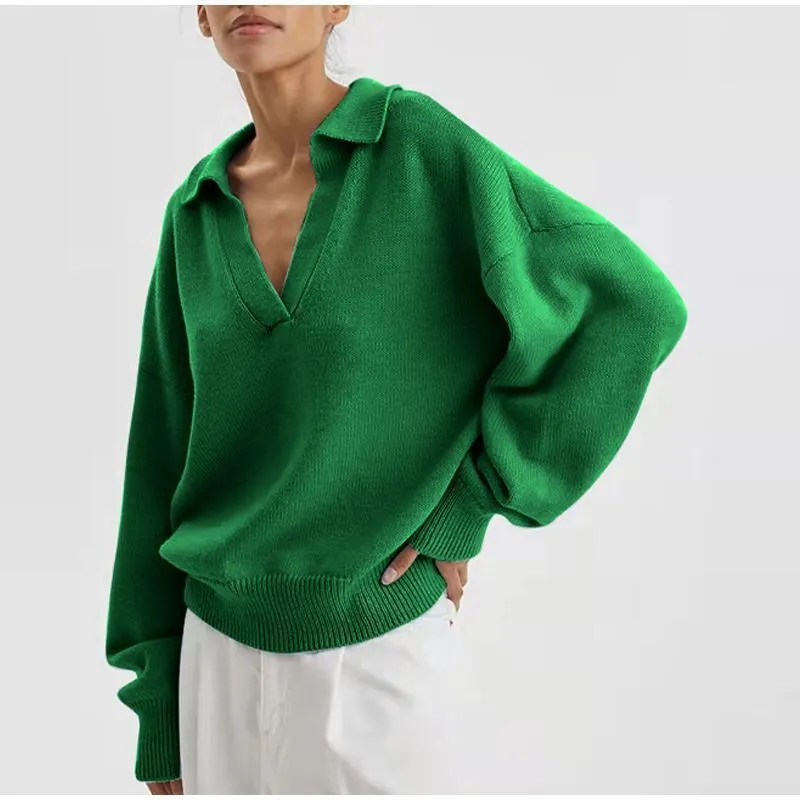 Women Collared V Neck Oversized Knit Sweater