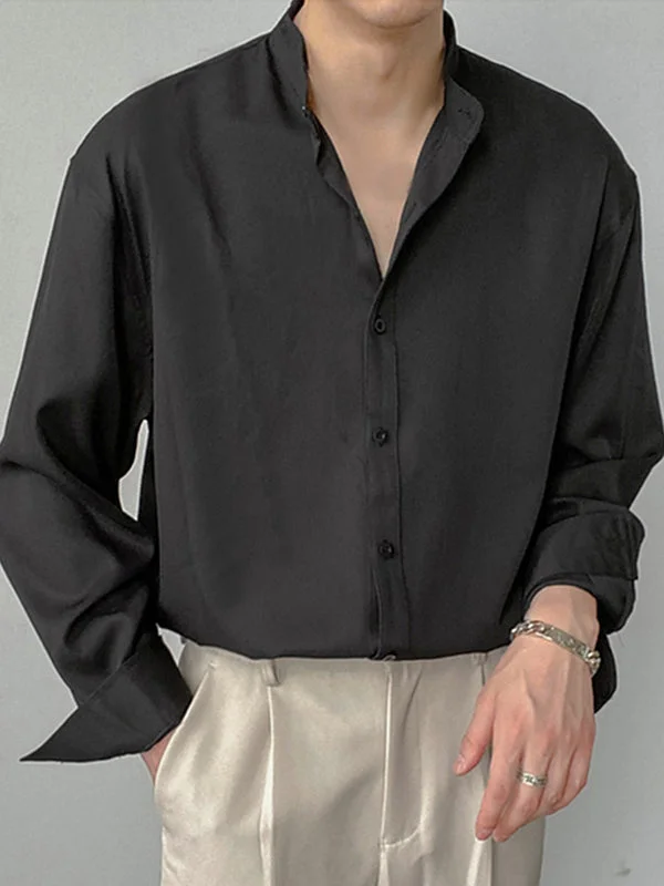 Aonga - Mens Loose Band Collar Long Sleeve ShirtJ