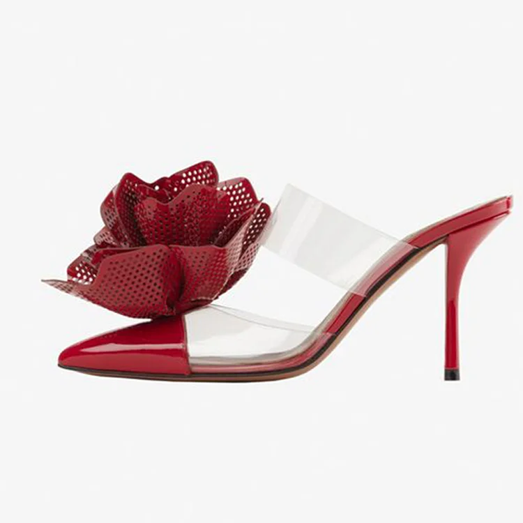 Burgundy Patent Stiletto Heels with Pointy Toe and Clear Mules - Elegant Pumps Vdcoo