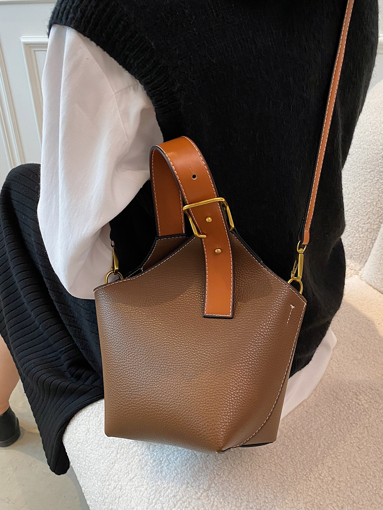 Mini pebbled embossed bucket bag