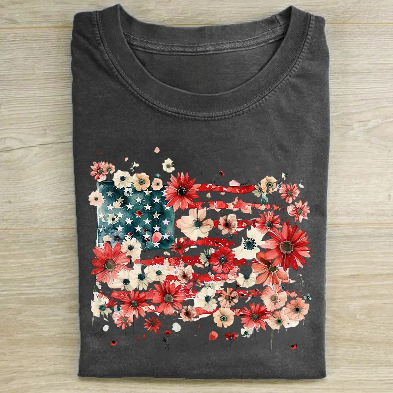 Floral American Flag 4th Of July T-shirt