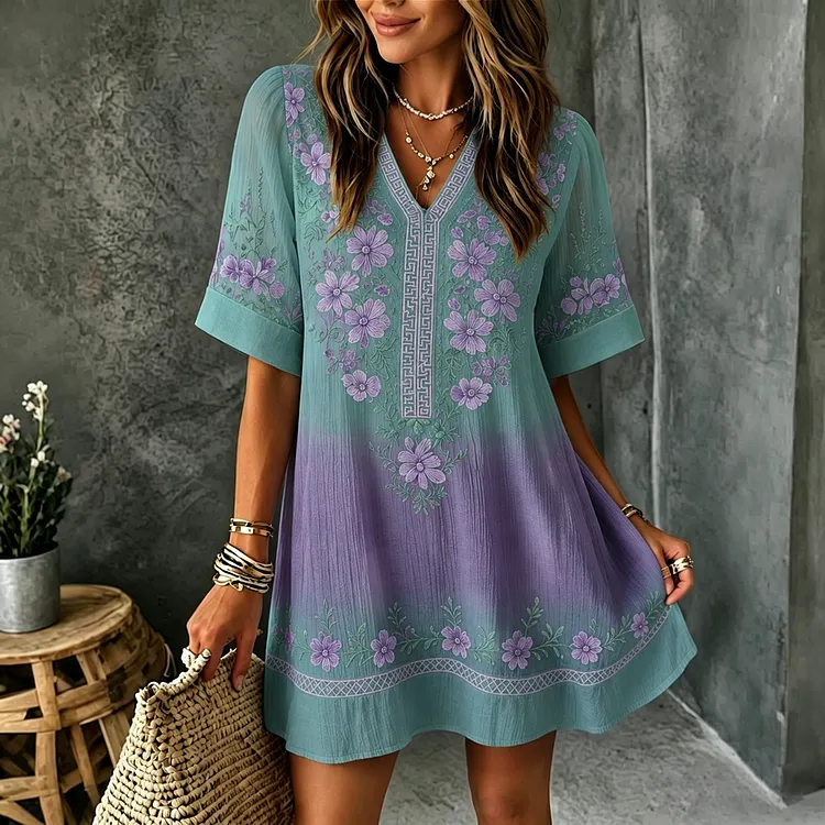 Women's Vintage Floral Art Printed Linen Blend V Neck Mini Dress