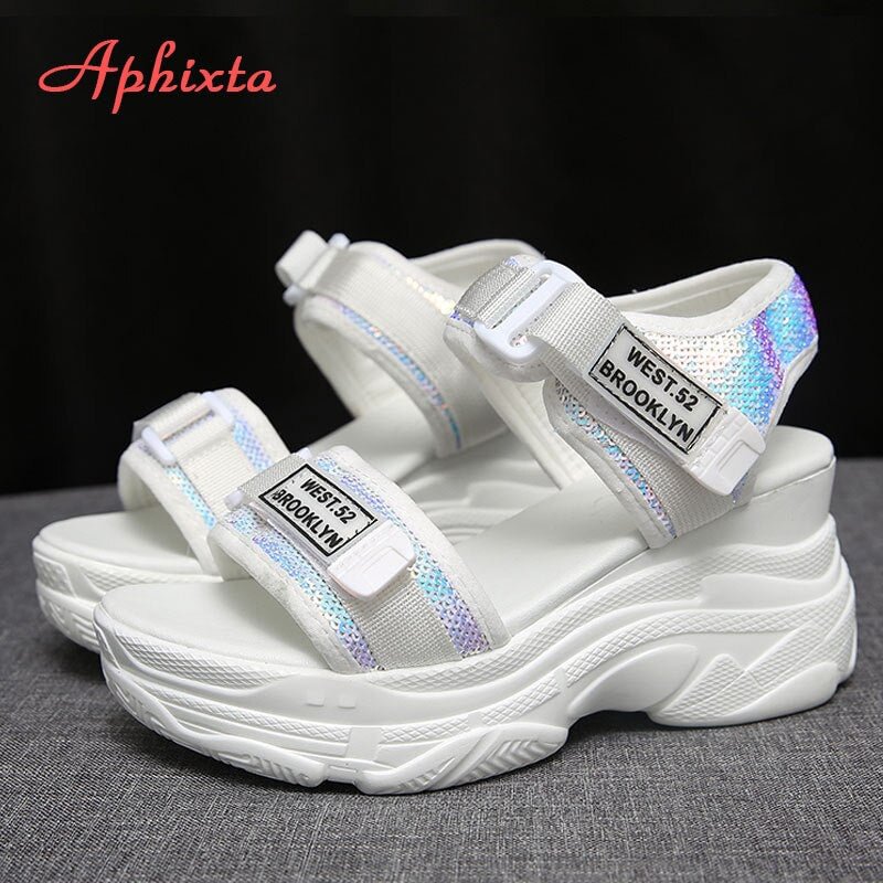 Aphixta Platform Sandals Women Wedge High Heels Shoes Women Sequined Hook & Loop Summer Zapatos Mujer Slippers Woman Sandal