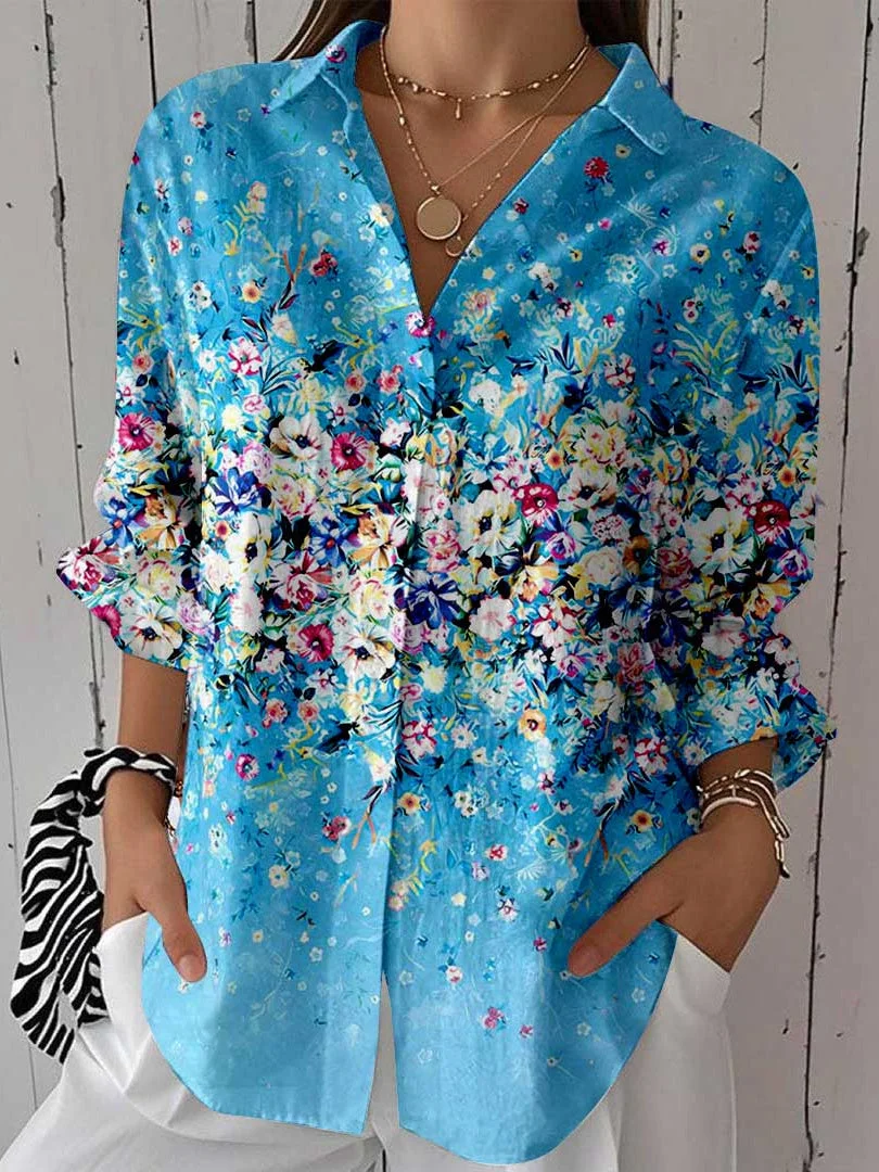 Women 3/4 Sleeve Shirt Collar Floral Printed Graphic Button Tops