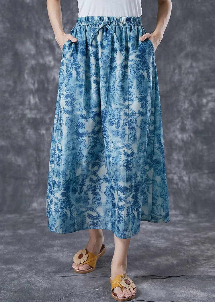Plus Size Blue Elastic Waist Print Linen A Line Skirts Summer
