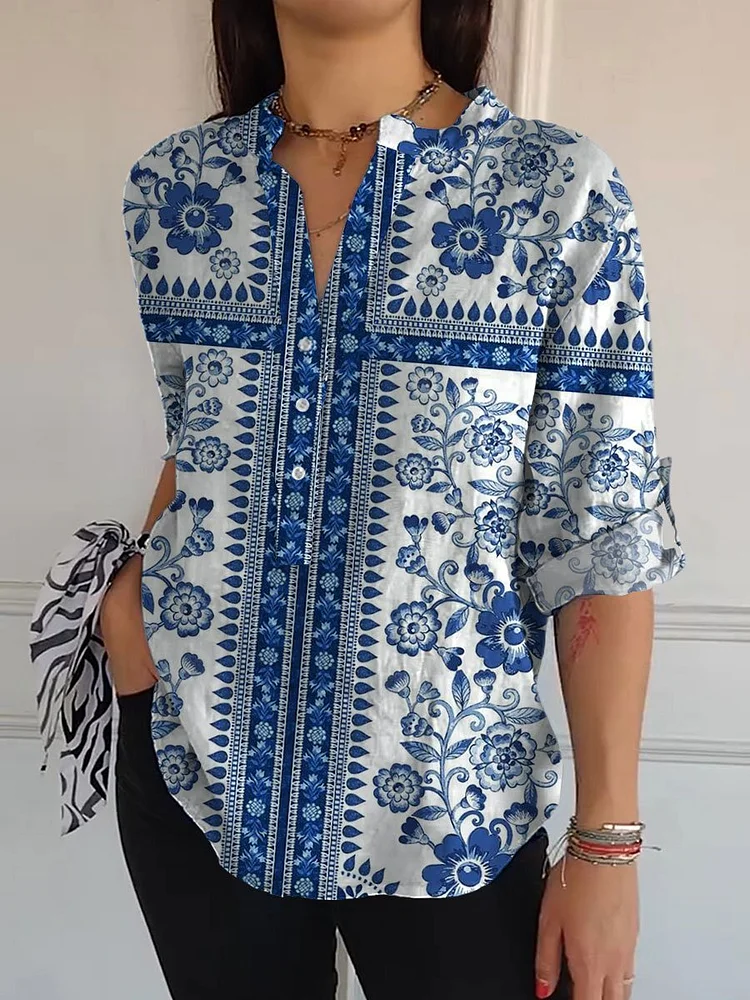 Women's   Flowers  Print Casual Long Sleeve Comfortable Cotton Shirt