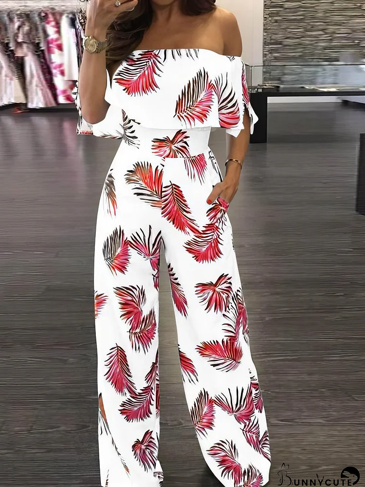 Fashion Print Frilled Off Shoulder Flared Jumpsuit