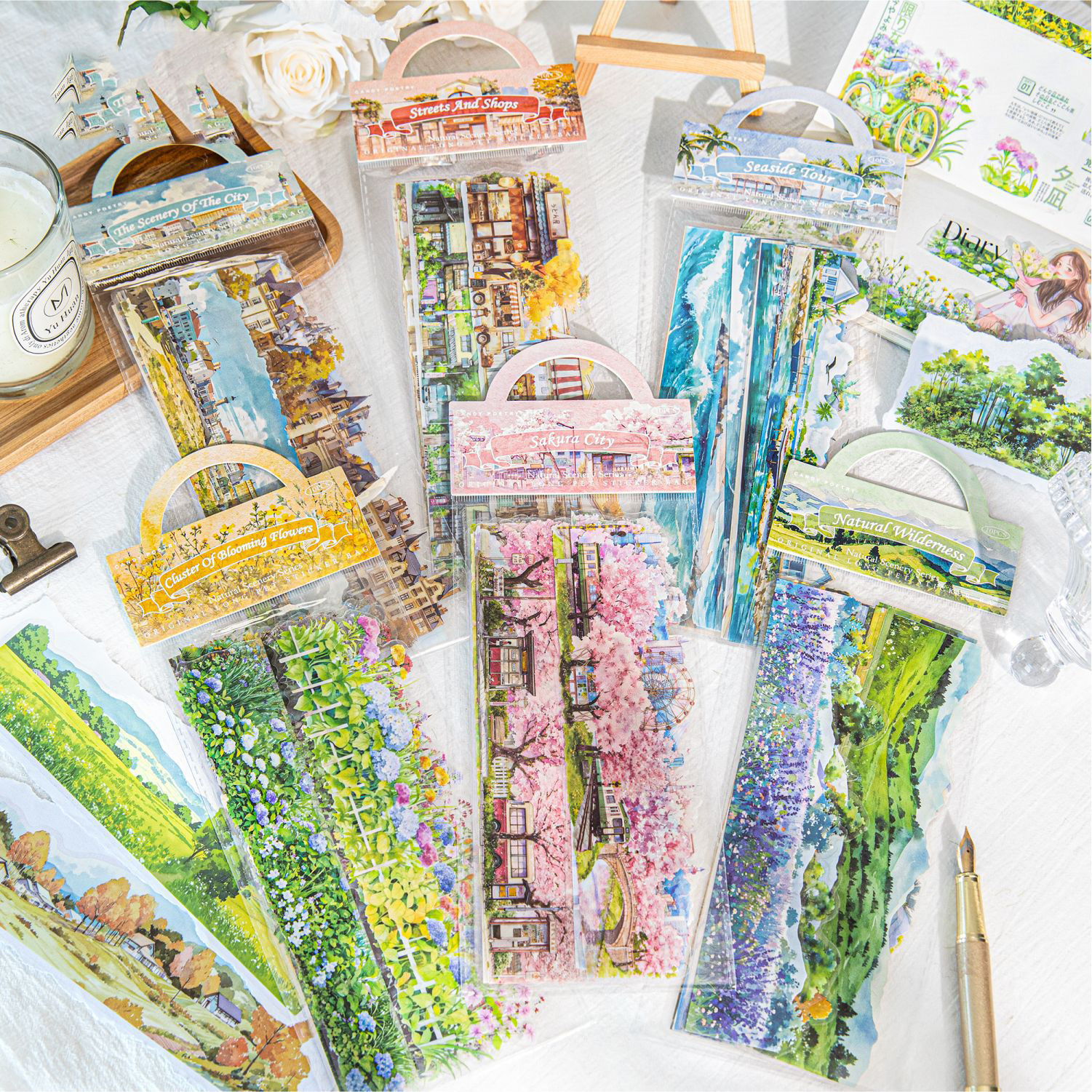 PET 스티커 - 자연풍경 시리즈 빈티지 꽃 바다 건물 풍경