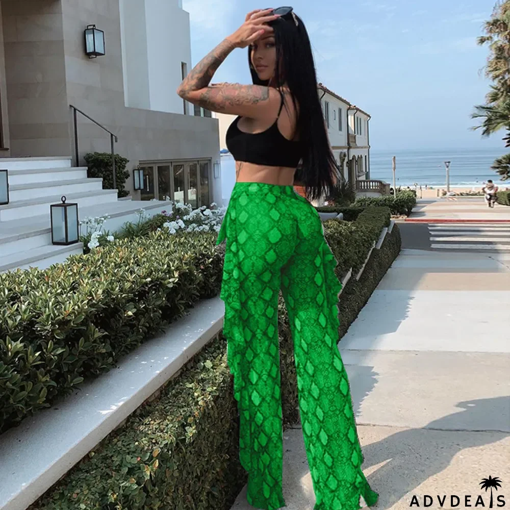 Snake Skin Print Ruffled High Waist Pants