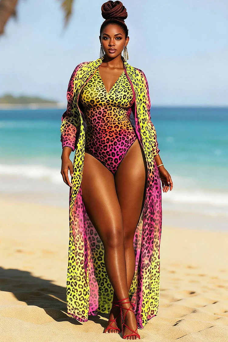 Xpluswear Design Plus Size Beach Multicolor Leopard V Neck Long Sleeve Swimsuit Fabric Two Pieces Swimsuit Cover Ups Set [Pre-Order] 2024 - Xpluswear