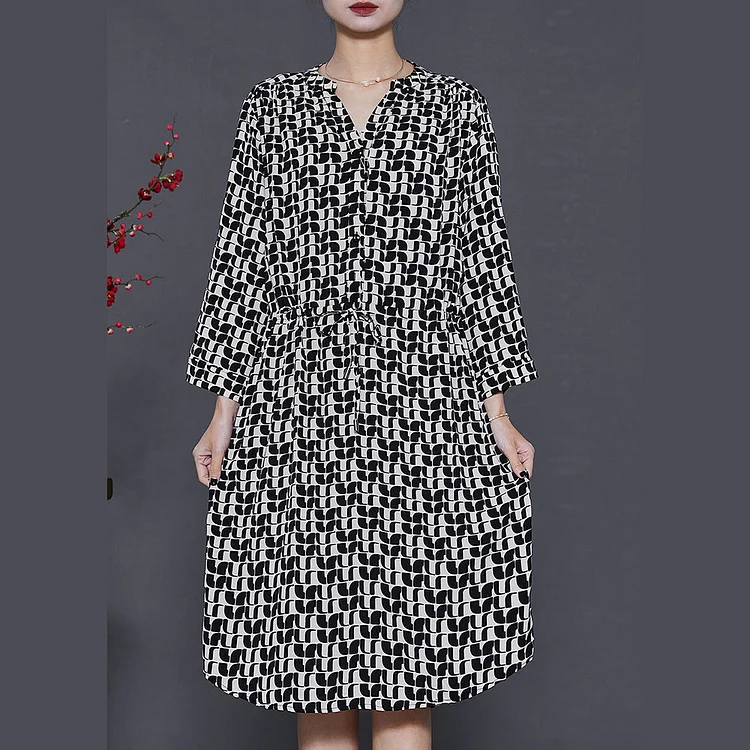 Boho Black Cinched Print Silk Mid Dress Summer