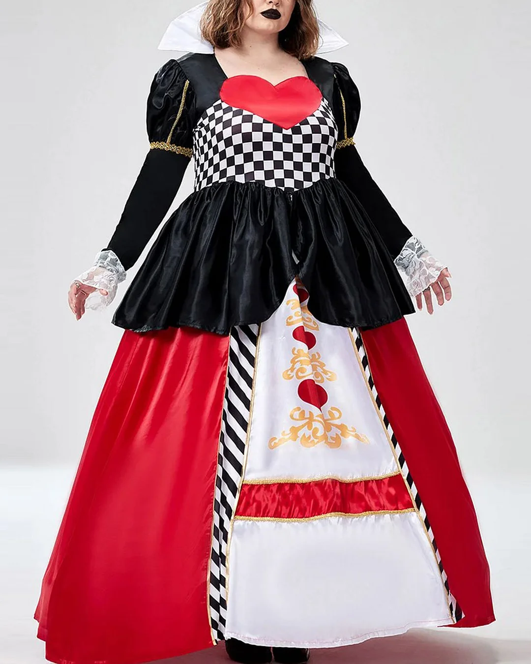Design Plus Size Halloween Costumes Cosplay Queen Of Hearts Checkered Print Lace Puff Sleeves Maxi Dress (Without Crown)