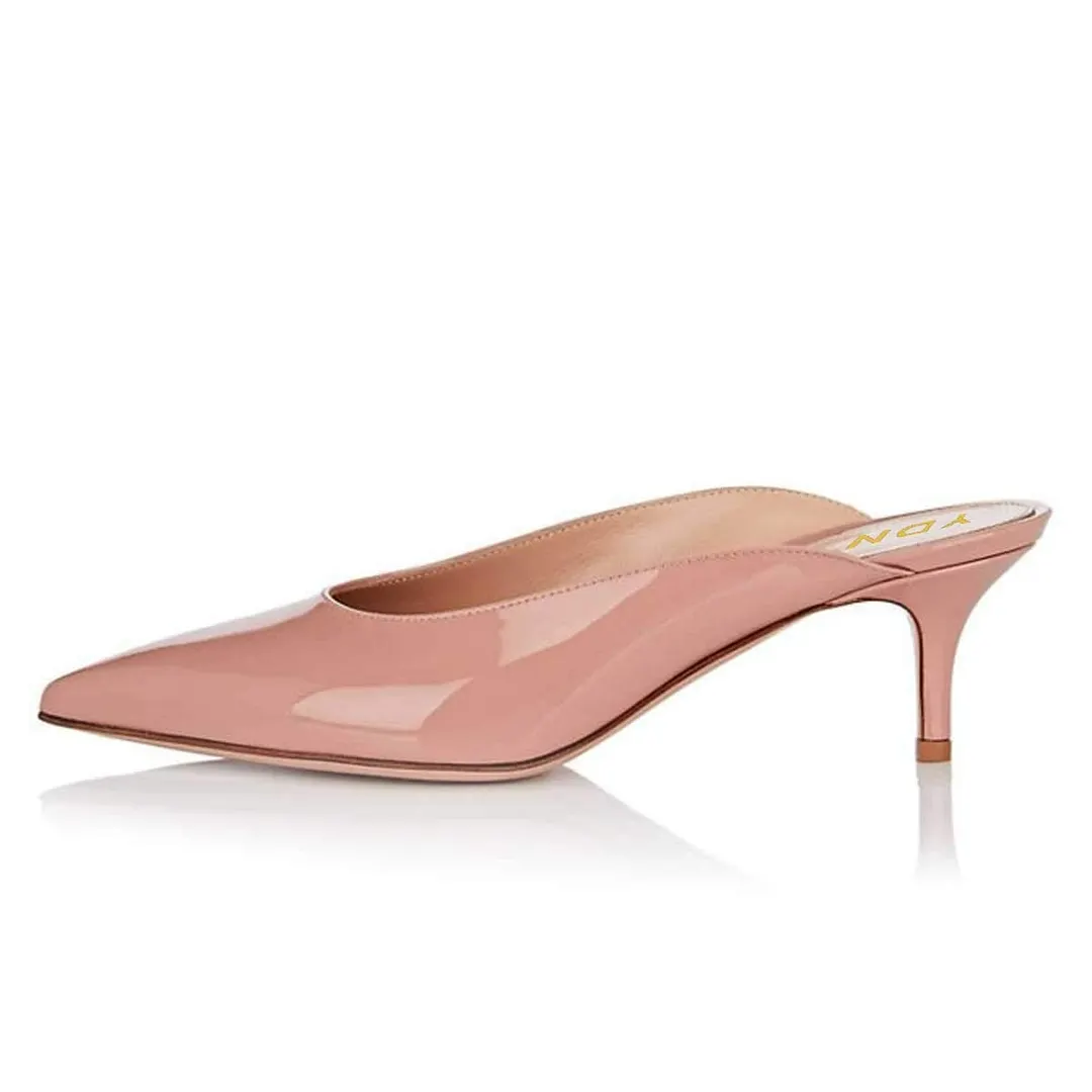 Pink Patent Leather Pointed Toe Kitten Heel Mules for Women