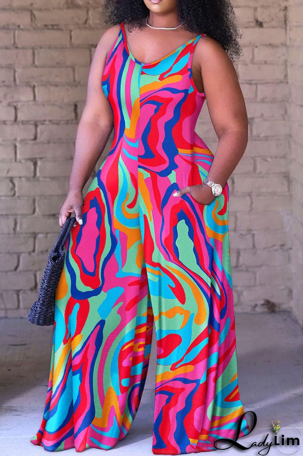 Black White Casual Street Print Spaghetti Strap Loose Jumpsuits