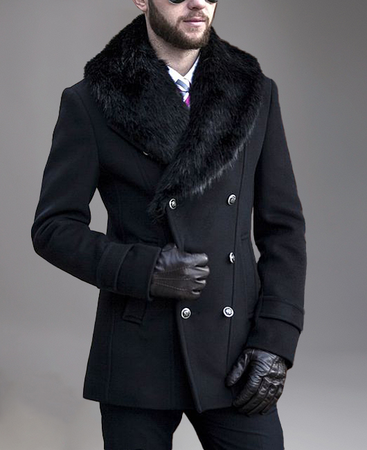 Business Fluffy Shawl Lapel Double Breasted Pocket Coat