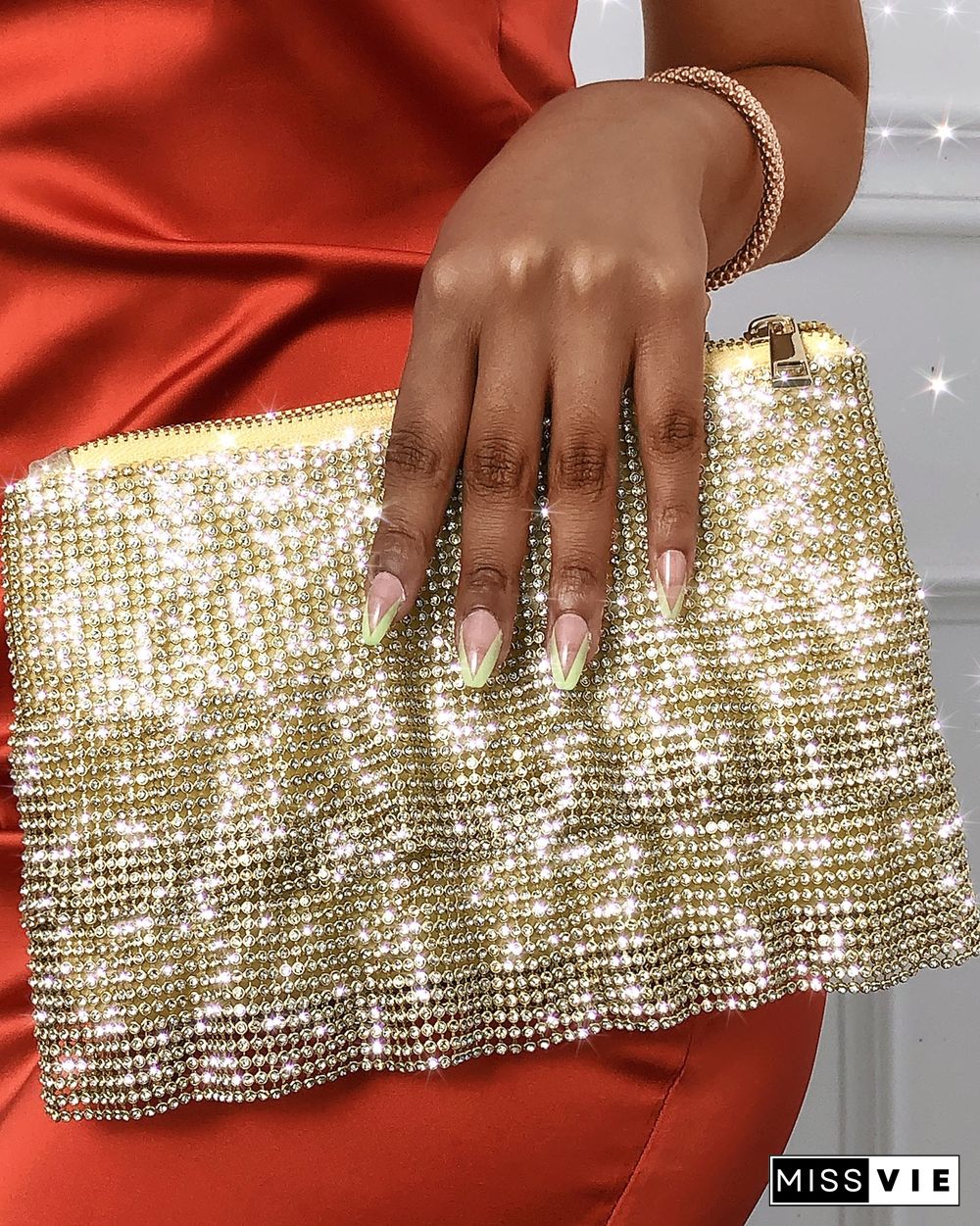 Allover Gold Rhinestone Decor Clutch Bag Wedding Event Handbags