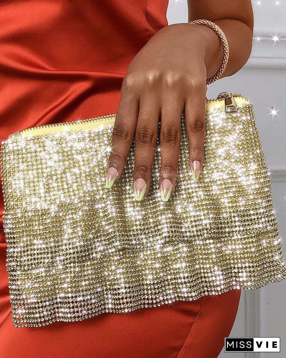 Allover Gold Rhinestone Decor Clutch Bag Wedding Event Handbags