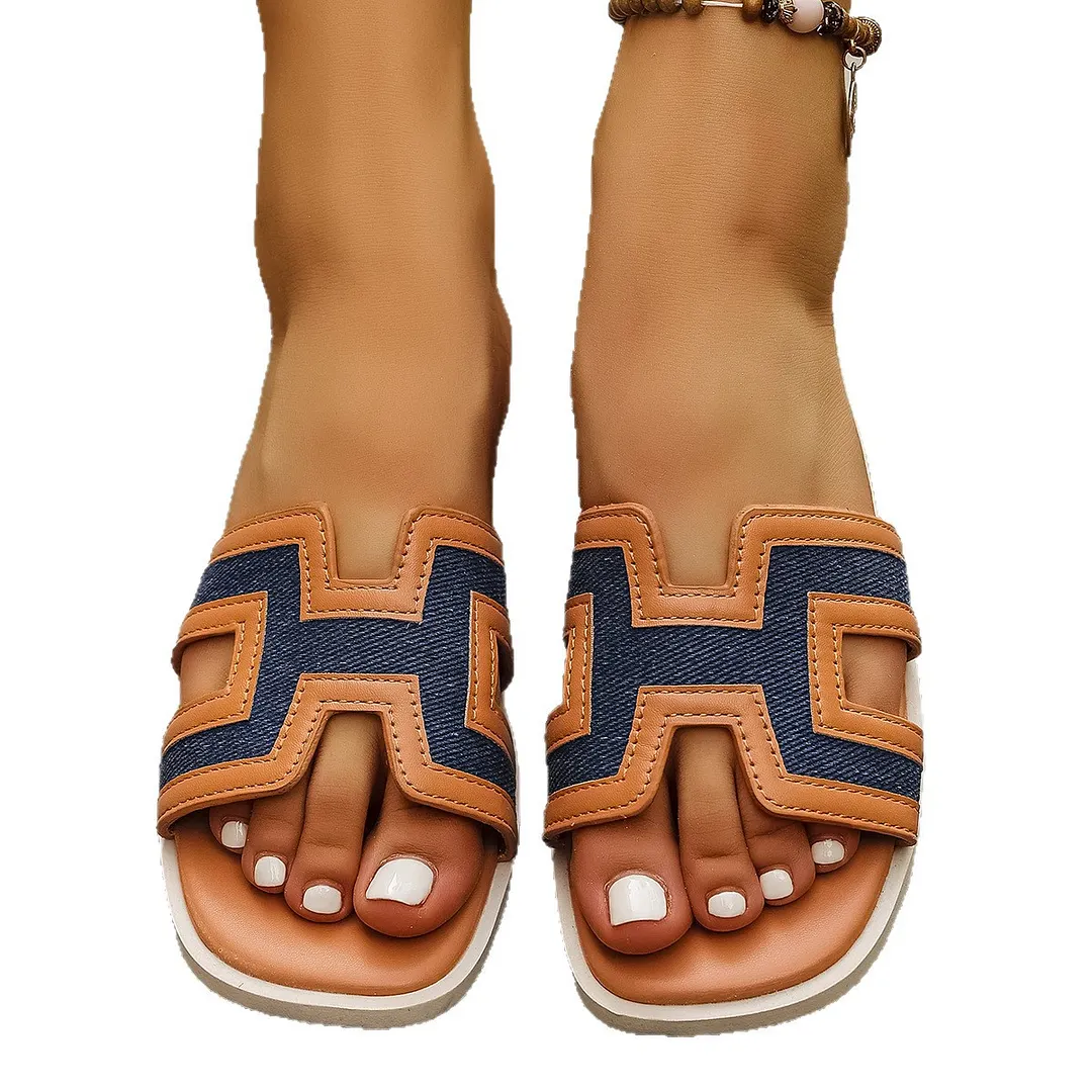 Breakj Breakj New Color Net Red Slippers Women's Summer Flat Bottom One-Word Drag Wearing Fashion Holiday Beach Sandals