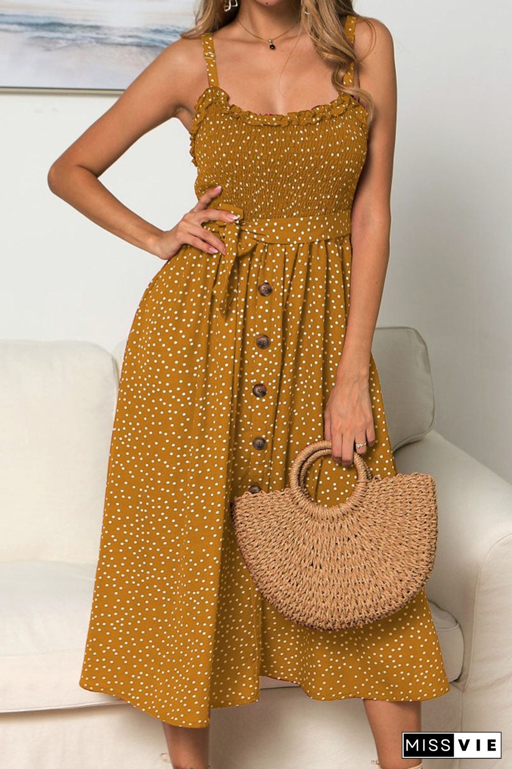 Fashion Street Dot Split Joint Spaghetti Strap A Line Dresses