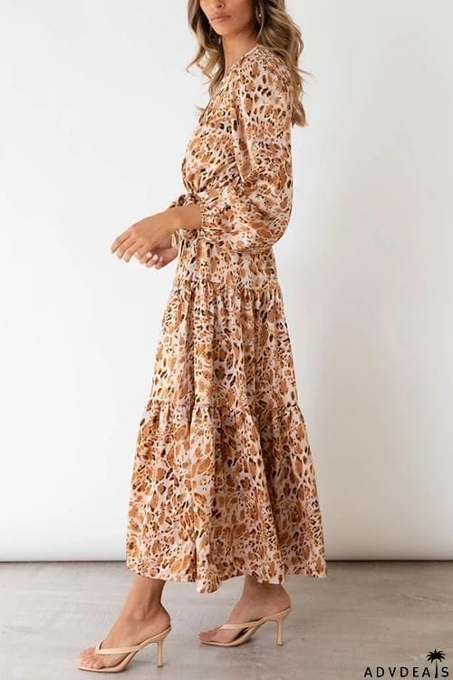 Print Belted Long Sleeve Maxi Dress