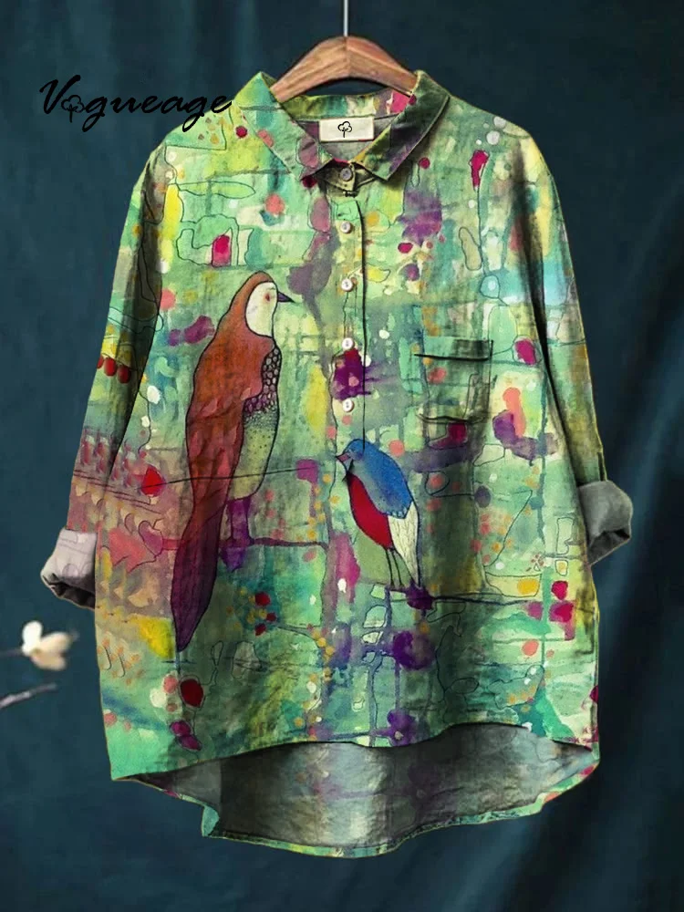 Casual Ink Color Animal Bird Printed Cotton And Linen Shirt
