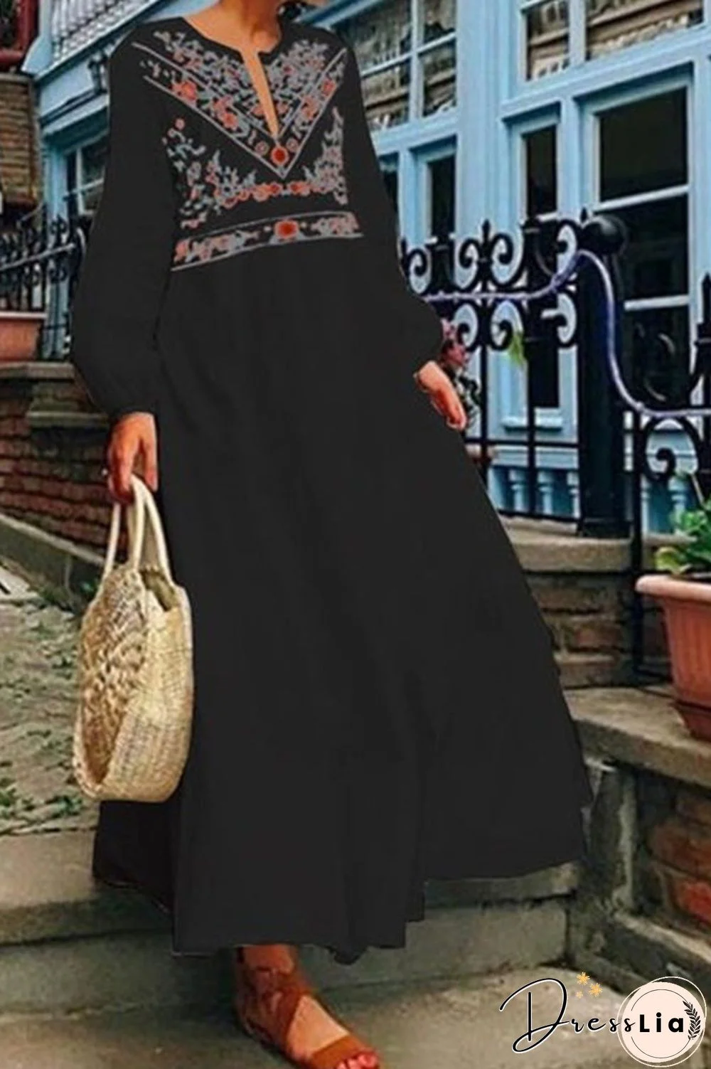 Printed V-neck Vacation Dress