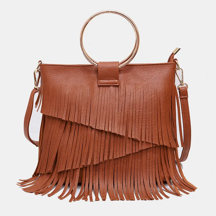 Fashion PU Leather Irregular Tassels Iron Handle Shoulder Bags